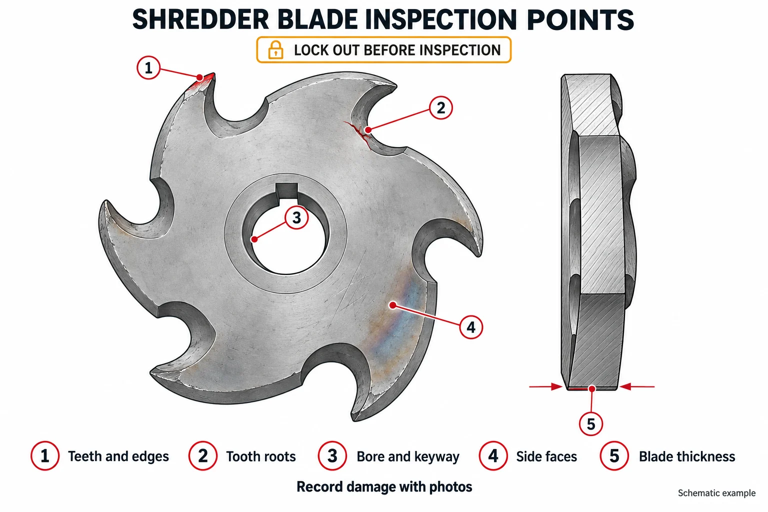 Line diagram of shredder blade inspection: checking teeth, cracks, thickness and bore hole