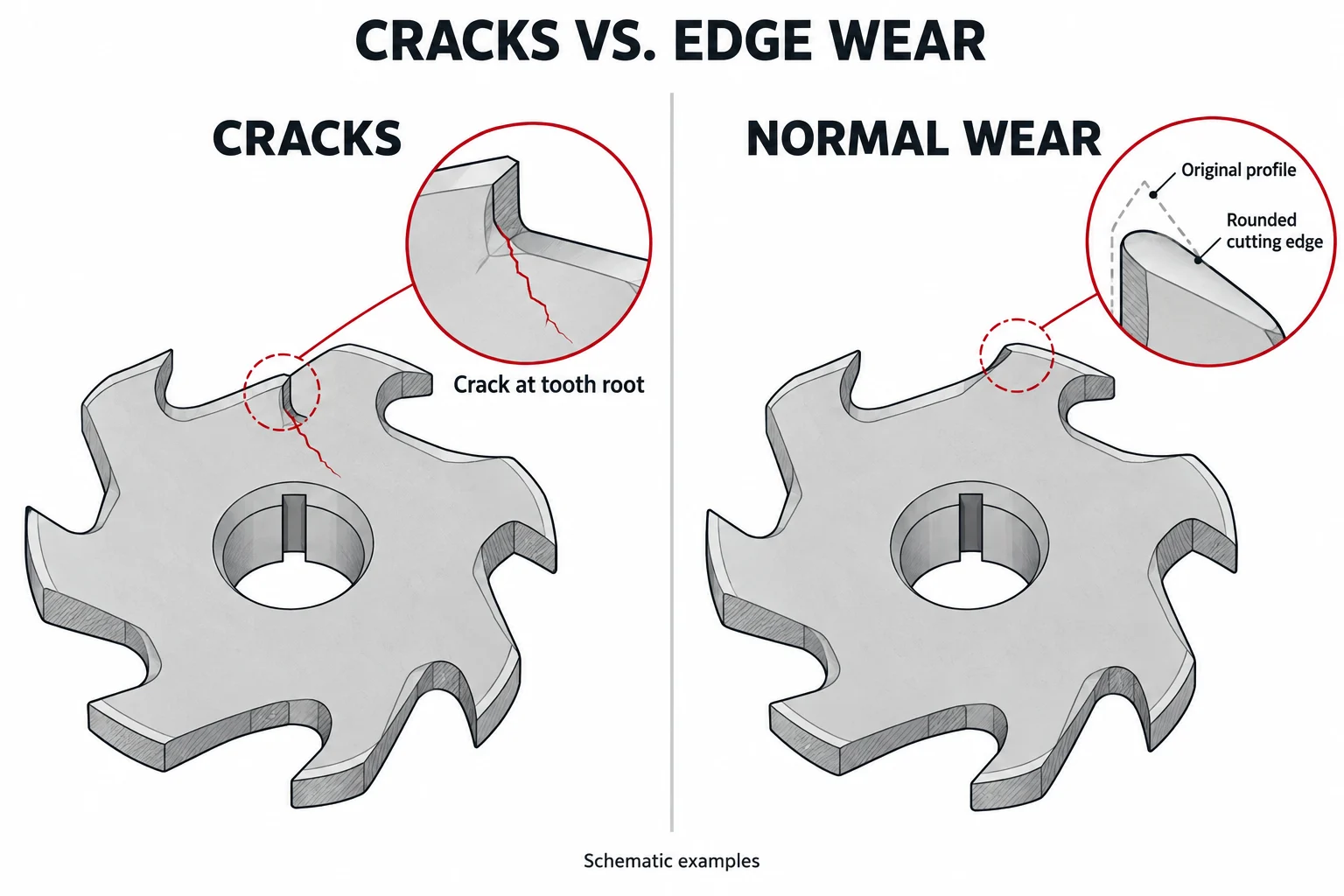 Line diagram showing surface cracks and rounded wear on a shredder blade cutting edge