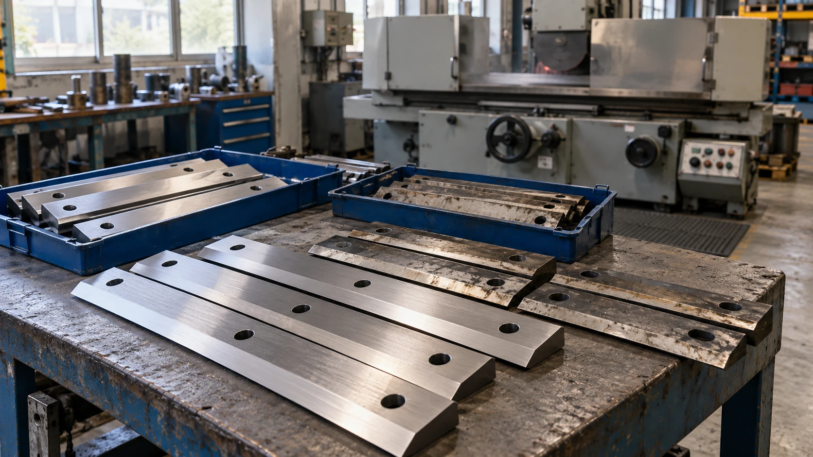 Nanjing Dete - Rectangular plastic granulator knives arranged on a workshop bench for sharpening and replacement planning