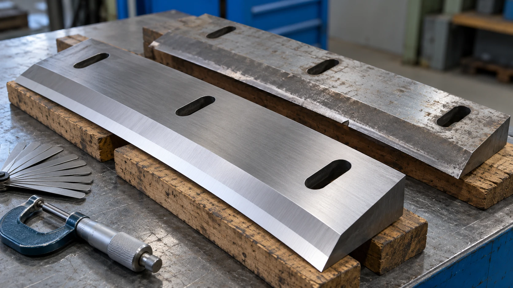 Rectangular granulator knives with mounting slots beside a feeler gauge and micrometer on a workbench
