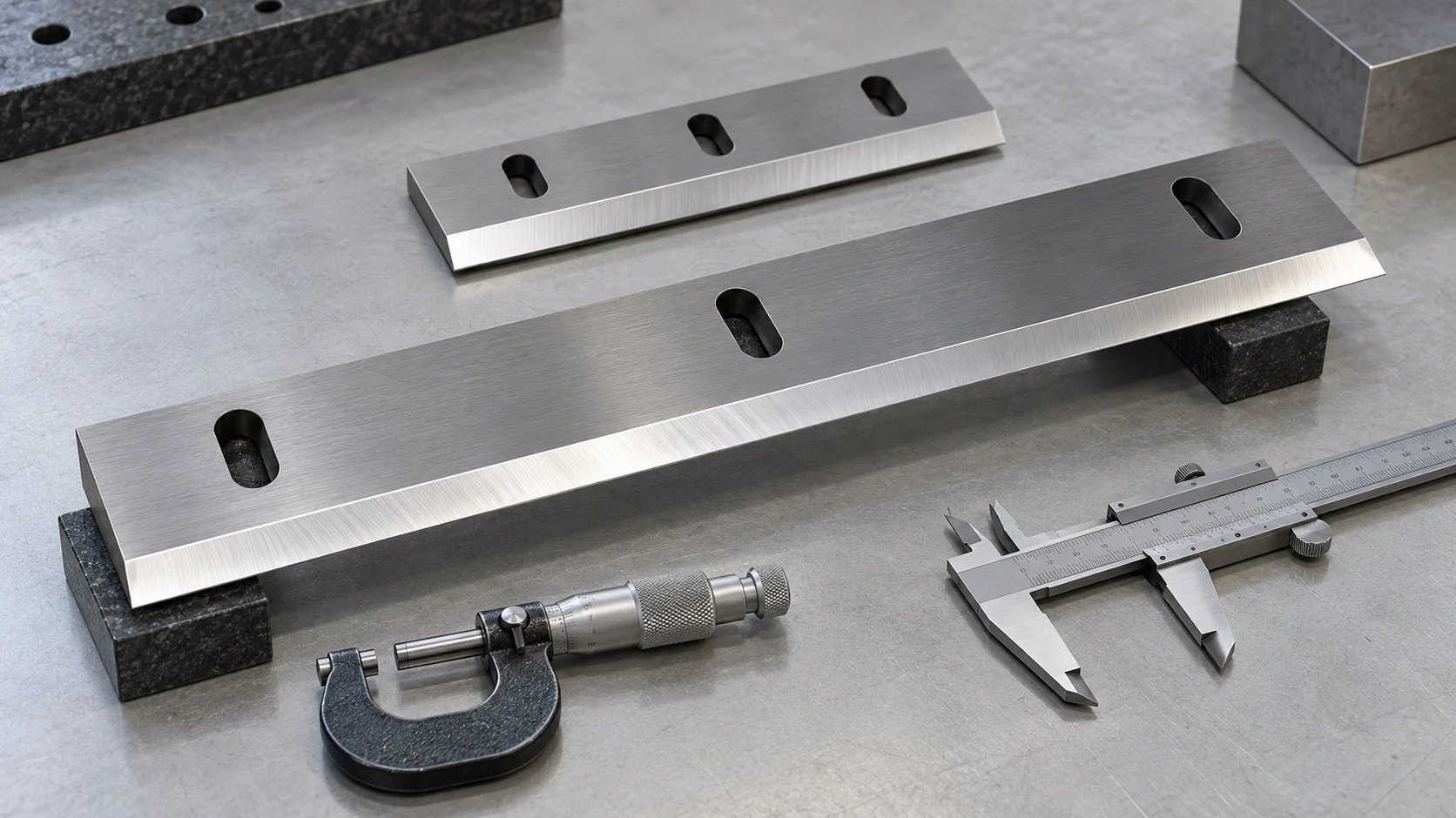 Straight granulator knives beside a caliper and micrometer on an inspection bench