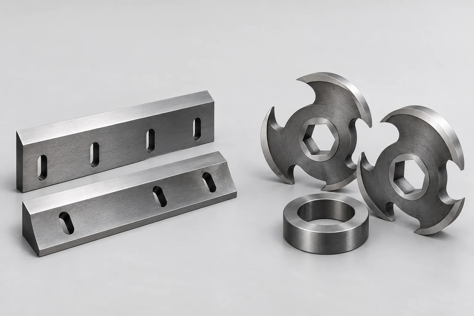 Straight granulator knives beside hooked shredder cutter discs and a spacer ring