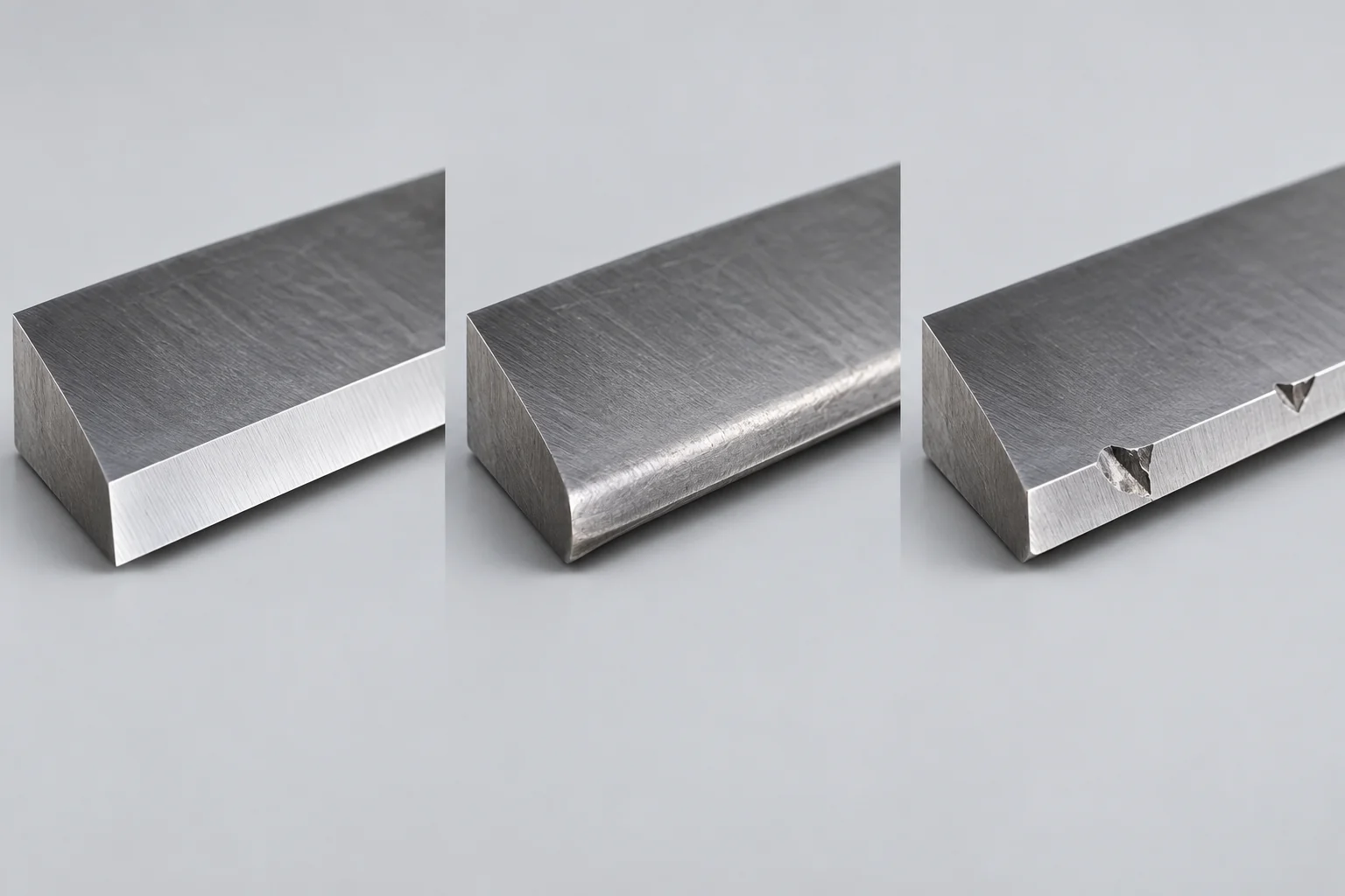 Industrial knife edges illustrating a defined cutting edge, gradual rounding and localized chipping