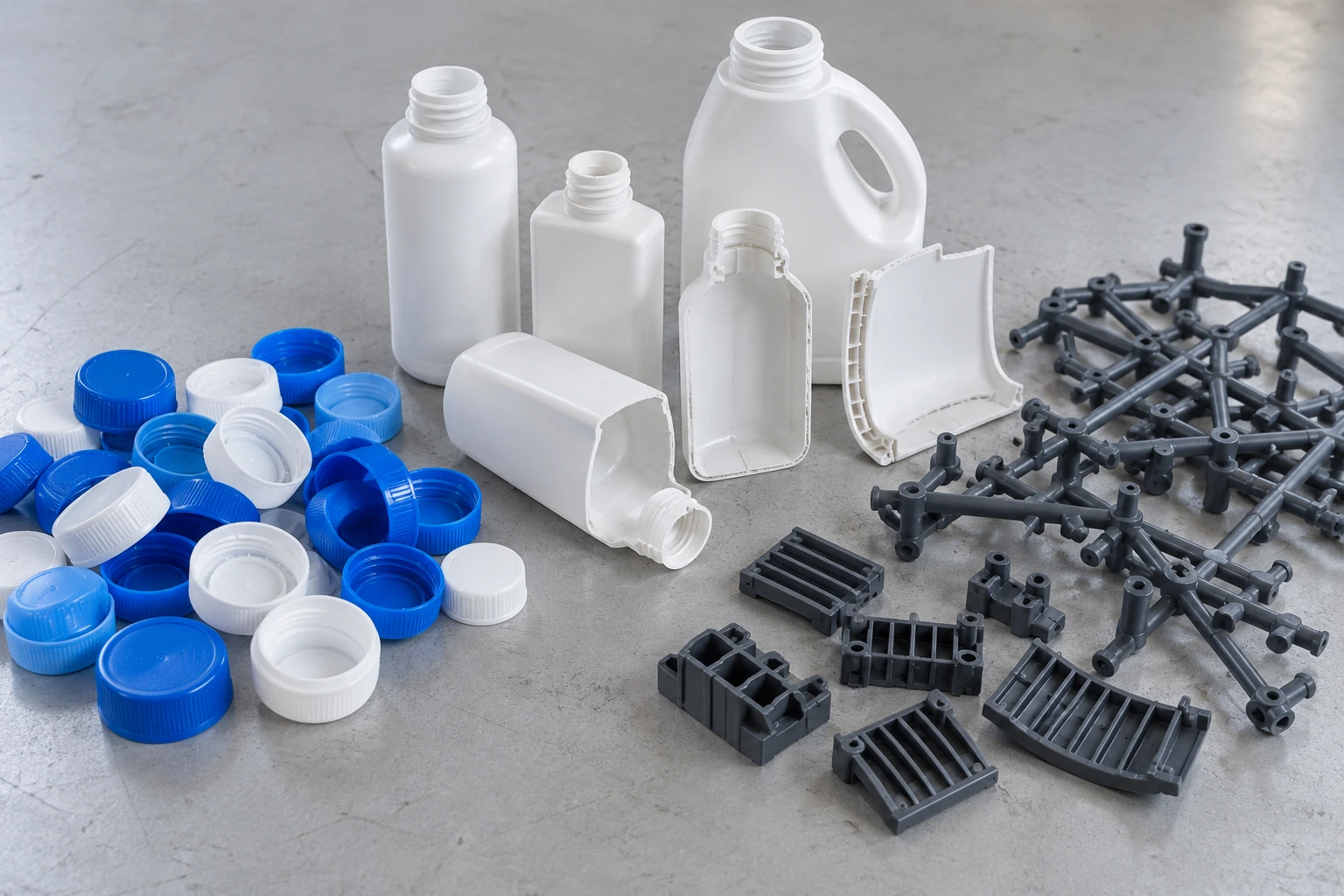 Plastic caps, hollow containers and molding runners for small shredder feed assessment