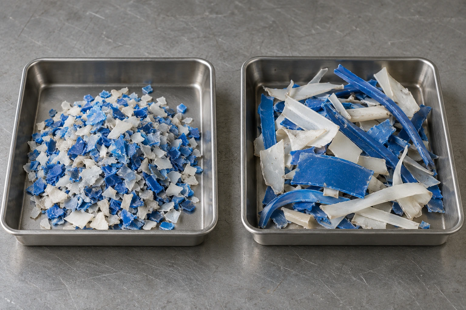 Plastic flakes, long strips and oversize pieces in trays for shredder output assessment