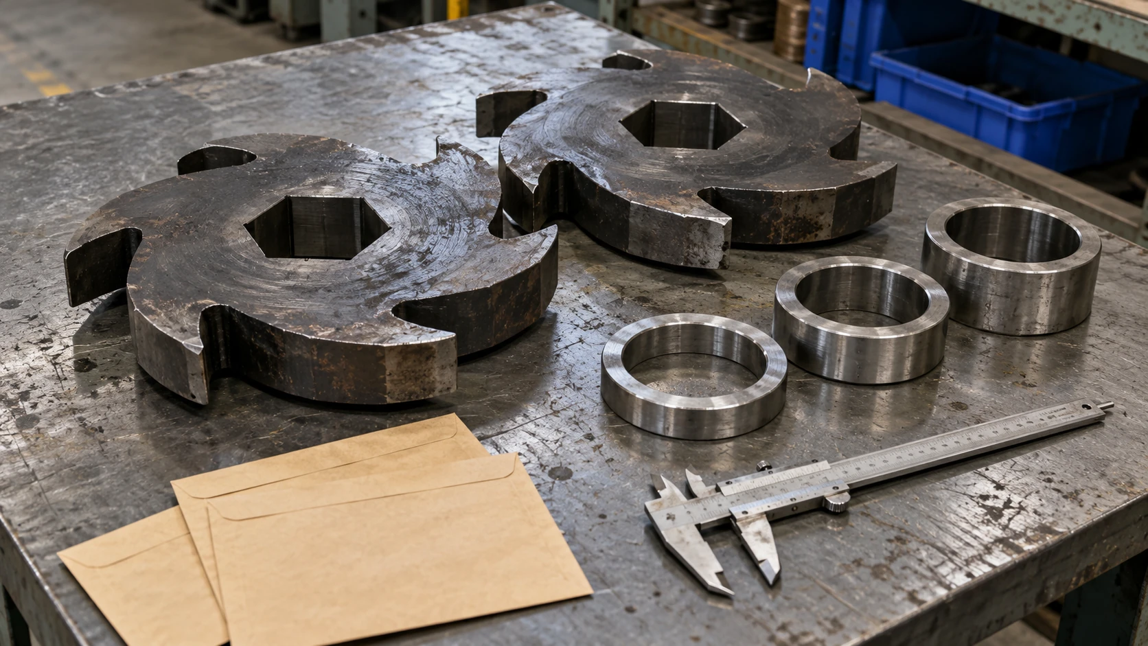 Shredder cutter discs and spacer rings beside a caliper on a receiving-inspection bench