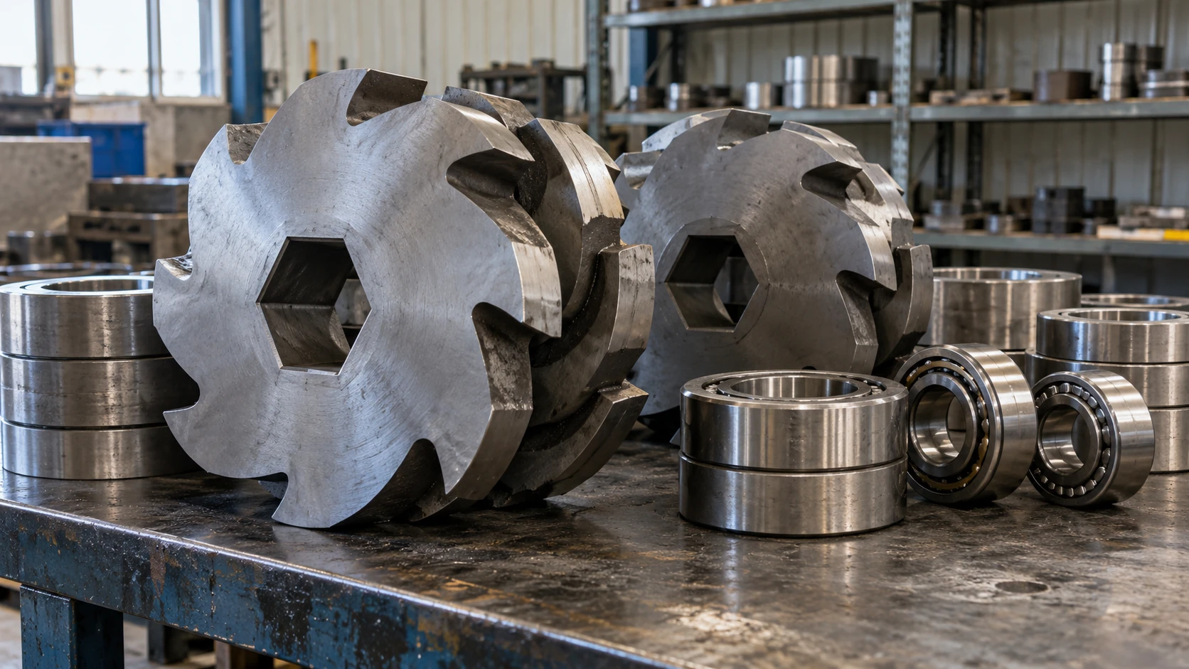 Nanjing Dete - Industrial shredder spare parts including hooked cutter discs, spacer rings and bearings on a workshop bench